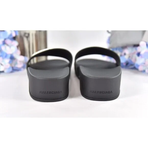 Balenciaga BB Black Rubber Wedge Slide Sandals Size 39 NIB